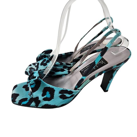 Nicole Miller Heels Womens 9.5M Animal Print Satin Blue Black Strap Italy Dressy - Picture 4 of 9
